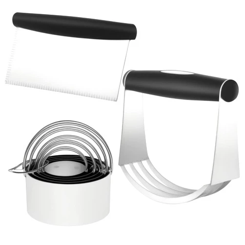 TjyWwx Stainless Steel Pastry Scraper, Dough Blender & Biscuit Cutter Set (3 Pieces/Set), Heavy Duty & Durable with Ergonomic Rubber Grip, Professional Baking Dough Tools, Gift Package
