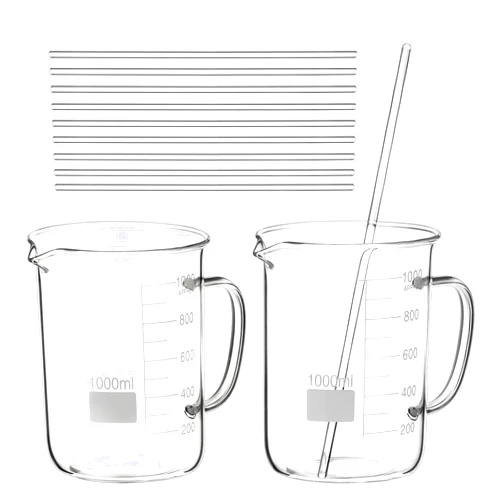 QWORK 2 Pack 1000ml Borosilicate Glass Beaker with Handle, & 10 Pcs 12