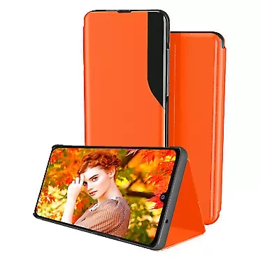 Fadter Case for Samsung Galaxy S20 FE Case, S-View Luxury Flip Leather Case,Smart Window Cover case with Stand,Shockproof Anti-Scratch case for Samsung Galaxy S20 FE Smart Phone case (Orange)