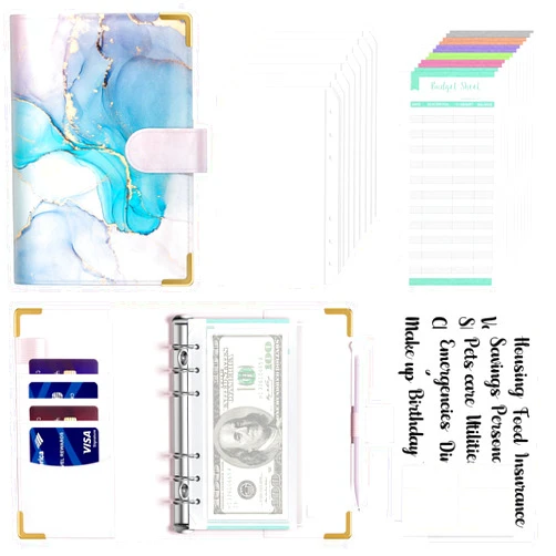 Rnivvi Budget Binder with Zipper Envelopes, A6 Money Saving Binder Cash Envelopes for Budgeting, PU Leather Planner Money Organizer for Cash Bills, Cute Marble System Wallet for Women Men, Blue Ink