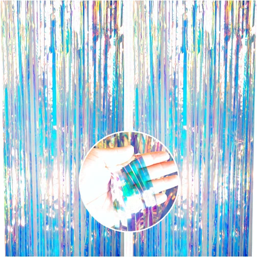 PartyWoo Foil Curtain 2 pcs, 3.3x6.6 ft Iridescent Tinsel Curtains, Translucent Backdrop Curtain, Holographic Foil Fringe Curtains, String Curtain, Birthday Backdrop, Party Backdrop, Wedding Backdrop