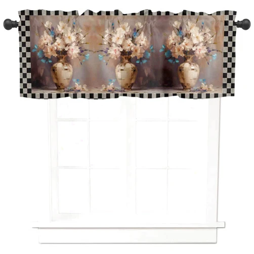 CHENHUII Curtain Valance Black Plaid Vase Flower Oil Painting Valance Kitchen Curtains with Rod Pocket Window Treatment Short Curtain Panels for Bathroom Living Room 54