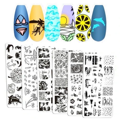 WOKOTO 6Pcs Beach Nail Stamping Kit Seaside Holiday Nail Stamping Plates For Nails Summer Nail Art Stamps Plates Palm Tree Boat Fish Flower Nail Stamp Plates For Nails Designs Stamps For Nail Art