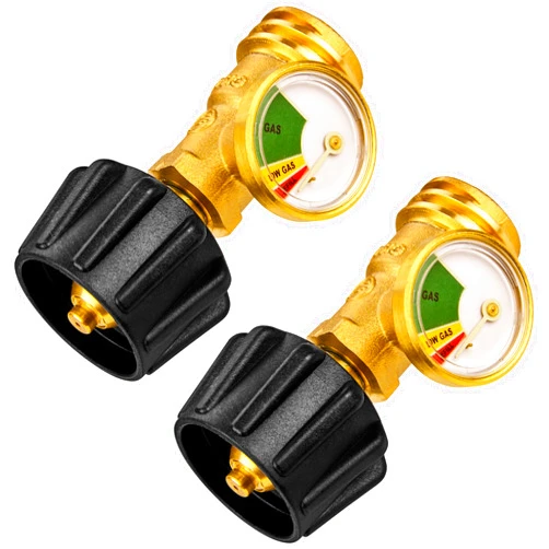 Flame King Propane Tank Gauge Level Indicator, Leak Detector Gas Pressure Meter, Color Coded & Glows in The Dark, Universal for All Cylinders, Solid Brass (2-Pack)