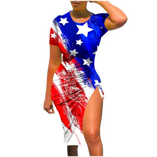 Generic Womens 4Th of July Maxi Dress Drawstring Slitting Bodycon Sundresses USA Flag Sexy Summer Short Sleeve Dresses