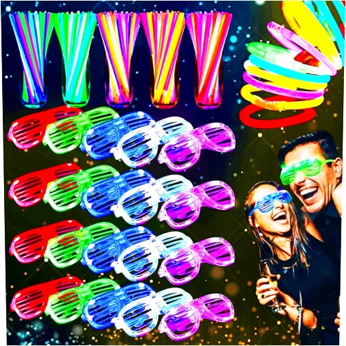 TURNMEON 125 Pack Glow in The Dark Party Supplies Light Up Party Favors with 100 Glow Sticks and 25 Led Glasses Shutter Shades Sunglasses Neon Glow Accessories Valentines Day Wedding Birthday Concert