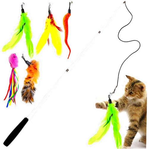 Youngever 6 Pieces Cat Toys Teasing Feather Toy, Retractable Wand with Assorted Teaser Refills, Interactive Toy for Kitten Cat