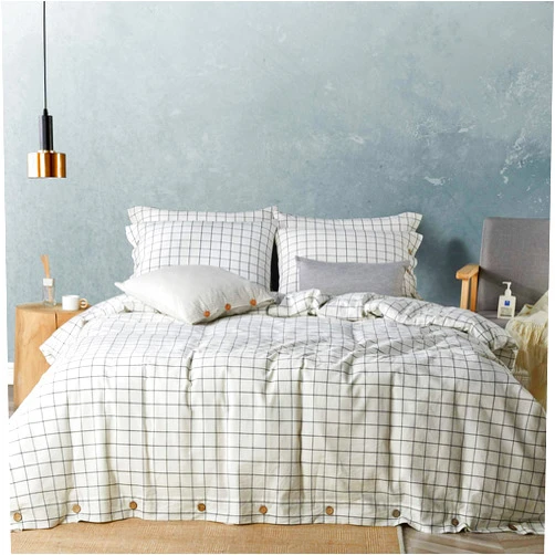 JELLYMONI Plaid Duvet Cover Queen Size - 100% Washed Cotton Linen Like Textured Comforter Cover with White&Black Grid Geometric Pattern, 3 Pieces Breathable Soft Bedding Set with Button Closure