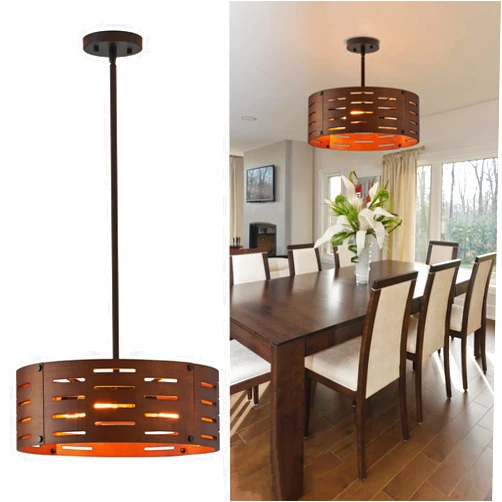 Bsyormak Farmhouse Chandelier 3-Light Kitchen Island Lighting Wooden Hanging Pendant Light Fixtures Vintage Rustic Drum Ceiling Light for Dining Room Bedroom Living Room