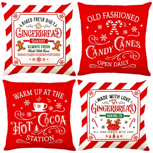Ni-JASW Red Vintage Christmas Throw Pillow Covers 18x18 inch, Old Fashioned Gingerbread Candy Canes Xmas Holiday Cushion Covers for Sofa Couch Set of 4