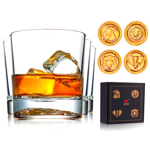JBHO Premium Whiskey Glasses with Different Animals On Heavy Base, 10 Oz Double Old Fashioned Glasses Set of 4, Lowball Rocks Glasses with Deluxe Gift Box for Men, Serving Bourbon, Scotch