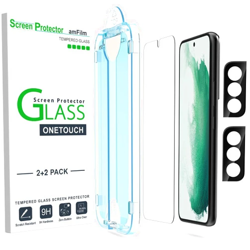 amFilm OneTouch Screen Protector for Samsung Galaxy S22 5G 6.1 Inch, 9H Hardness with Camera Lens Protector, Easiest to Installation and Bubble Free, Tempered Glass, 2 Pack