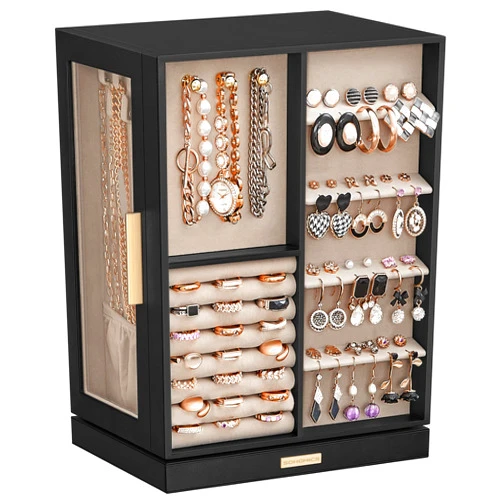 SONGMICS Jewelry Box 360° Rotating, Jewelry Storage Case with 5 Drawers, Jewelry Organizer, Glass Window, Spacious, Vertical Jewelry Storage, Open Design, Great Gift, Graphite Black UJBC170B01