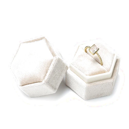 Etercycle Velvet Ring Box - Vintage Hexagon Premium Jewelry Display Holder Gift Box with Detachable Lid for Wedding Ceremony Proposal Engagement (Beige, 1 Slot)