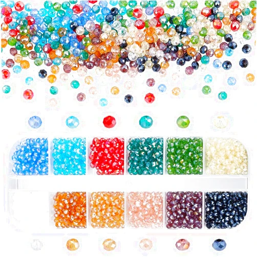 PH PandaHall Briolette Glass Beads Faceted 3mm, 1200pcs 12 Colors Crystal Czech Glass Seed Beads Electroplate AB Color Mini Spacer Loose Beads for Earring Bracelet Necklace Jewelry DIY Craft Making