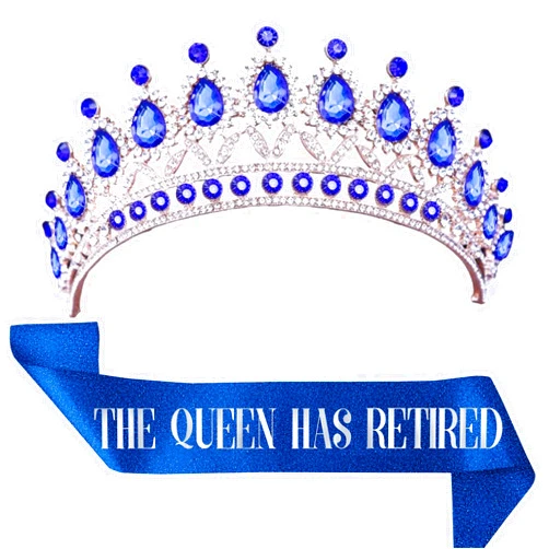 JPACO Retirement Tiara & Sash Set – The Queen Has Retired Sash and Crown with Rhinestones for Women & Large Gold Safety Metal Pin. Great for Retirement Party & Events (Blue)