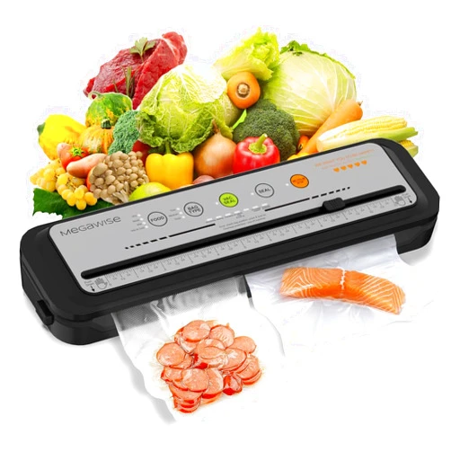 MEGAWISE 2023 Updated Vacuum Sealer Machine, MEGAWISE Food Sealer w/Starter Kit, Dry & Moist Food Modes, Compact Design with 10 Vacuum Bags & Bulit-in Cutter(Grey)