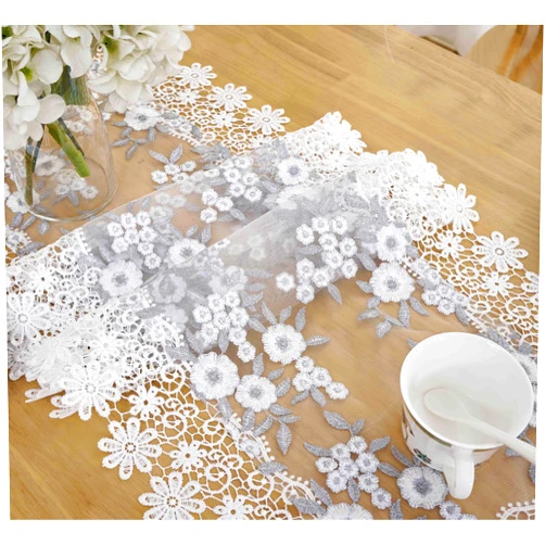Raedan White Floral Lace Table Runner 72 inches Dresser Scarf for Spring Easter Summer Kitchen Wedding Party (Gray, 16”x72”)