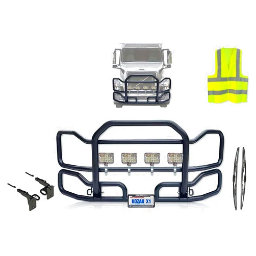 KOZAK Black Front Grille Deer Moose Brush Bumper Guard Large compatible with Volvo VNL 2004-2017 PLUS Bracket, Logo with Stripe, 4x 6