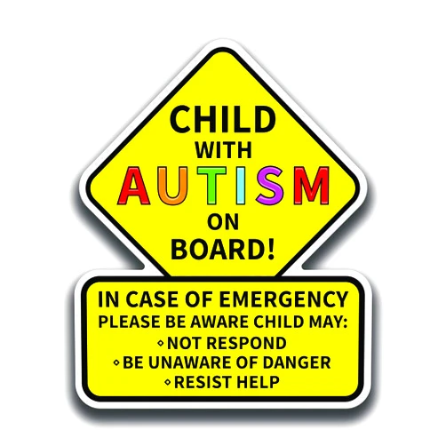 DHDM Designs 2-Pack Child with Autism On Board Sticker Decal | Laminated Bright Visible Stickers | 5.5-Inches by 4.5-Inches | Emergency Alert for Autistic Child Stickers | PD3178
