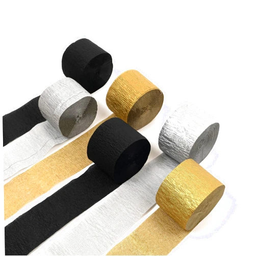 HOUSE OF PARTY Cheers Crepe Paper Streamers 6 Crepe Paper Crepe Paper Streamers Rolls 492ft (1.8 Inch x 82 Ft/Roll) - Pack of 2 Gold, 2 Silver, 2 Black - Streamers Graduation Party Decorations