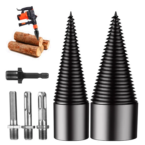 RGISHOP Firewood Log Splitter 42mm+32mm, 6 Pcs Wood Splitting Logs Bits Firewood Detachable Drill Bit Black Steel Hex Shank Screw Cone Driver Hex + Square + Round