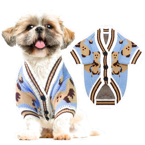 ABRRLO Small Dog Sweaters Cute Bear Dog Cardigans Clothes for Small Medium Dogs Boy Girl Puppy Cat Knitting Cardigan Outfits Dog Winter Coats Warm Pet Dog Clothes Soft Knitwear Apparel (Blue,L)