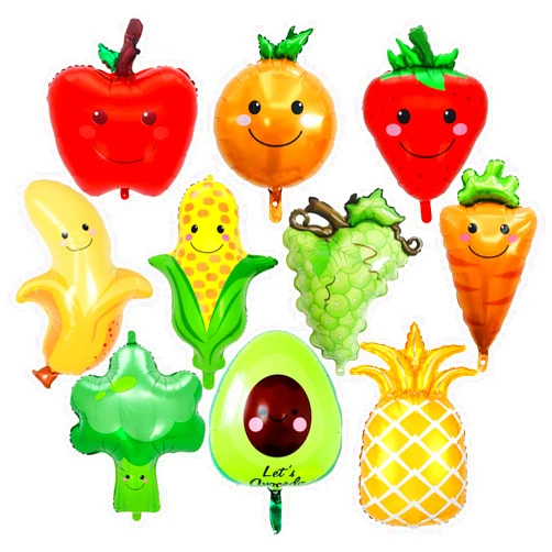 YiYou 10 Pcs Fruit Balloons and Vegetable Balloons - Large Apple Orange Strawberry Grape Pineapple Banana Avocado Corn Carrot Broccoli Mylar Foil Balloons, Fruit Theme Birthday Party Decorations Supplies