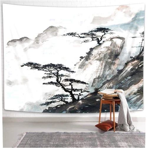 Coveimes Asian Tapestry Scenic Artwork Tapestries Wall Art Decor, Chinese Abstract Art Black Mountain and Pine Tree Ink Painting Tapestry Wall Hanging for Bedroom Living Room Dorm Home