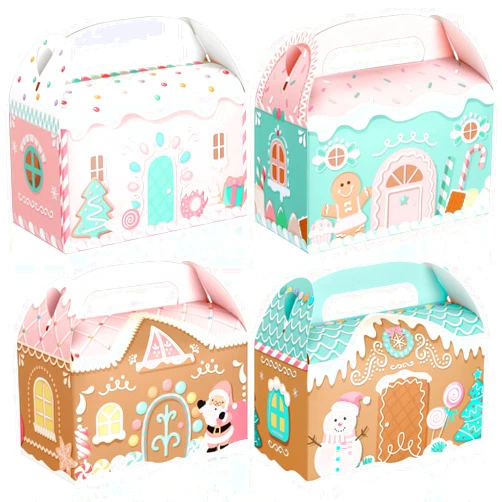 Kritkin 20 Pcs Pink Christmas Treat Boxes 3D Gingerbread House Cookie Boxes Cute Xmas Cardboard Gable Goodie Gift Boxes for Snacks Macaron Candy Party Favor Family Class Gifts Giving