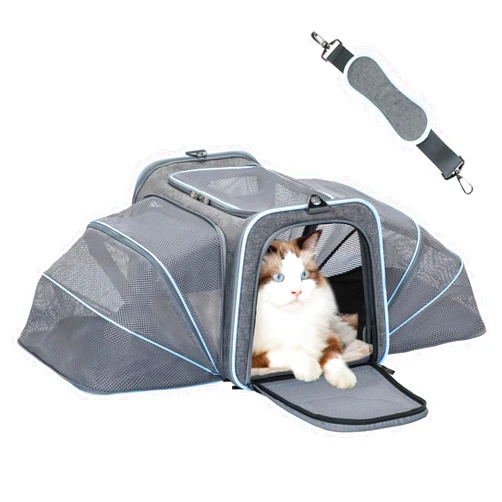 Petsfit Expandable Cat Carrier for 2 Cats Small Dog Carriers, Soft-Sided Portable Washable Pet Travel Carrier with Two Extension for Kittens, Puppies, Rabbits, 19 x 12x 12 inches, Light Grey