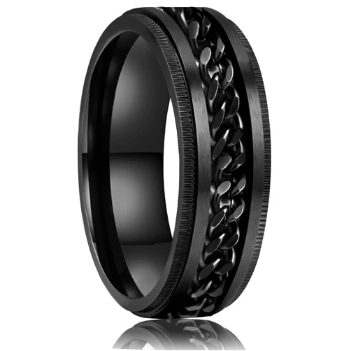 LAOYOU Anxiety Relief Mens Spinner Ring | 8mm Stainless Steel Black Fidget Anxiety Ring Inlay Curb Chain Jewelry Gift Size 6-14
