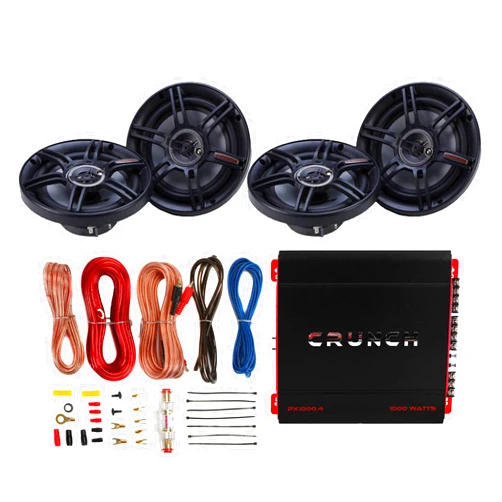 Crunch PX-1000.4 4 Channel 1000 Watt Amp A/B Class Car Stereo Power Amplifier with 300 Watt 3 Way CS Speakers 2 Pack and Soundstorm AKS8 8 Wiring Kit