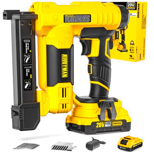 Alloyman 18 Gauge Nail Gun Battery Powered, 2 in 1 Cordless Brad Nailer/Electric Stapler with 2.0Ah Battery and Charger,1000pcs Nails and 1000pcs Staples Included for Home Improvement & Woodworking