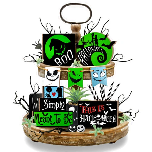 Uruney Halloween Tiered Tray Decor, Jack Skellington Sally Tray Decorations Night. mare BE Fore Xmas Boo Skull Wooden Sign, Farmhouse Rustic Green Halloween Home Decorations for Table Shelf Party