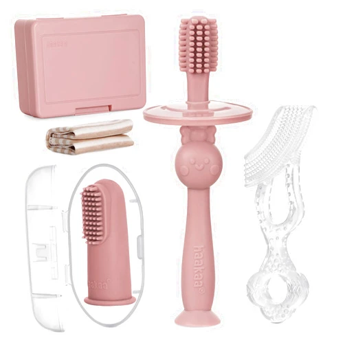 haakaa Training Toothbrush Set Oral Care Kit, Soft Silicone Toothbrush for Baby, Infants, Toddlers & Kids, Blush