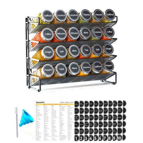 SpaceAid Spice Rack Organizer with 24 Spice Jars, 386 Spice Labels, Chalk Marker and Funnel Set for Cabinet, Countertop, Pantry, Cupboard or Door & Wall Mount -24 Jars, 11.8