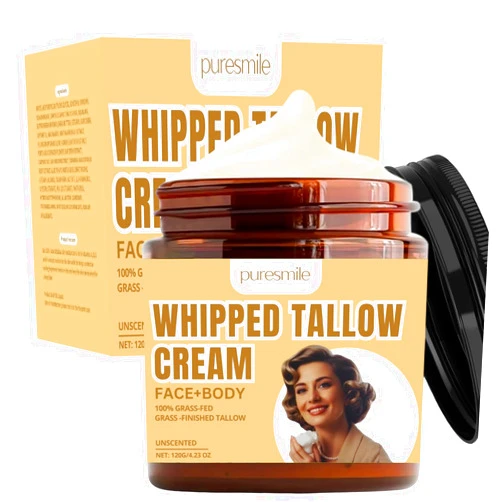 Puresmile Beef Tallow For Skin - Whipped Tallow with Raw Honey, Grass-Fed Beef Tallow & Shea Butter, All-Natural Moisturizer for Face & body, Deeply Nourishes skin