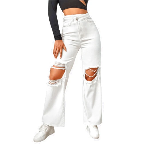 SweatyRocks Women's Straight Wide Leg High Waisted Jeans Ripped Distressed Cut Out Denim Pants White Small