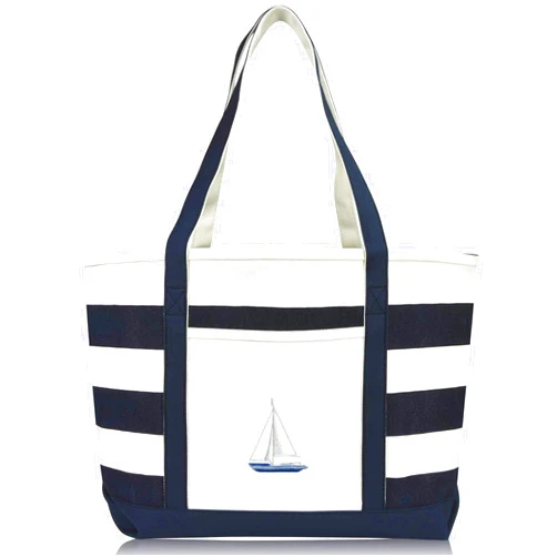 DALIX Ocean Sailboat Womens Embroidered Striped Beach Tote Bag Cotton