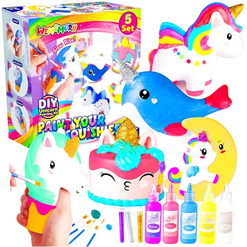 WEMEMORN Unicorn Toys for Girls, Unicorn Arts Crafts Painting Kit - 5 Large Slow-Rise Unicorns Squeeze DIY Kit with Paints, Christmas Birthday Unicorn Gifts for 5, 6, 7, 8 Year Old Girls Boys Kids