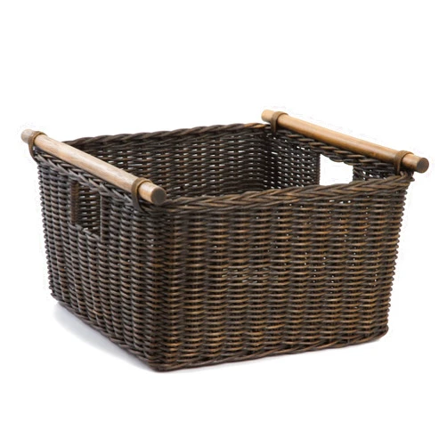 The Basket Lady Deep Pole Handle Wicker Storage Basket, Medium, 13.5 in L x 14 in W x 9 in H, Antique Walnut Brown