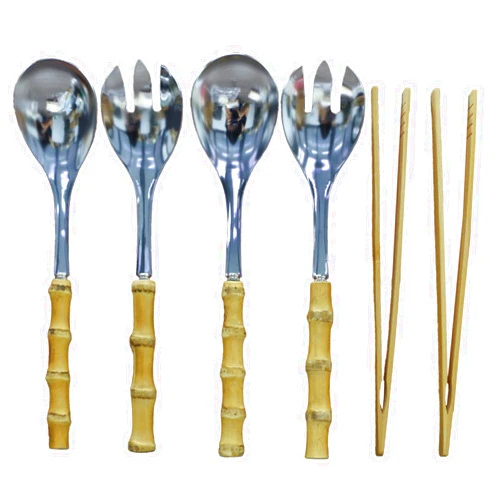 JUSTEMI Bamboo Serving Utensils, Serving Spoon Fork and Tong, Stainless Steel Salad Tongs for Party Buffet Serving，10-inch，6 Pieces (Unique Design）