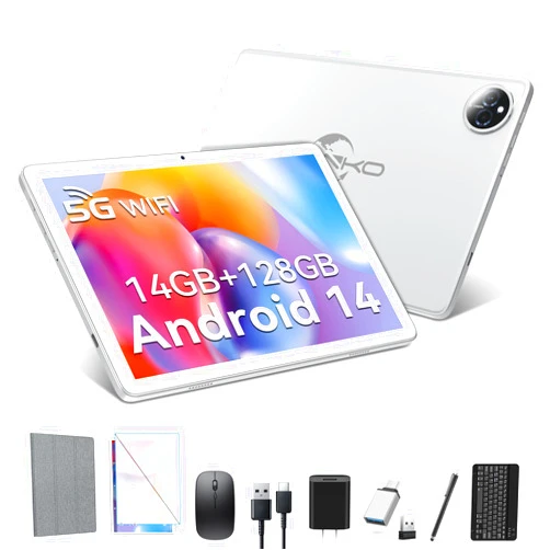 ZONKO 2025 Latest Android 14 Tablet 10 inch with 128GB Rom+14GB Ram+2TB Expand, 4G Cellular Tablets with Dual Sim Slot, 2 in 1 Tablet with Case/Keyboard/Mouse, 5G&2.4G Wifi, Octa-Core GPS 8000mAh (Silver)