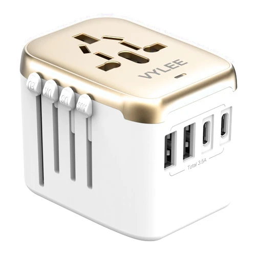 VYLEE Universal International Power Travel Plug Adapter, 5 in 1 European Travel Plug Adapter W/ 3.5A 2xUSB-A and 2xUSB C Wall Charger and Worldwide AC Outlet for Europe USA UK AUS Asia (White Gold)