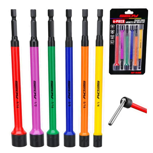SEDY Magnetic Impact Nut Driver Set: 6-Piece SAE Color Coded Nut Setter Set 6 Inch Length CR-V Nut Driver Tool Set 1/4 Inch Hex Shank Extra Long Nut Driver Bit Set