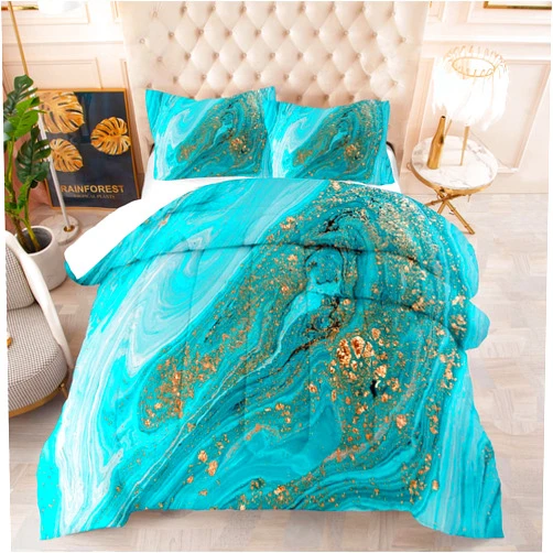 HAOHAY Blue and Gold Abstract Ocean Comforter for Girls Boys Kids Teens Marble Pattern Bedding Set Queen Size with 1 Comforter Matching 2 Pillowcases