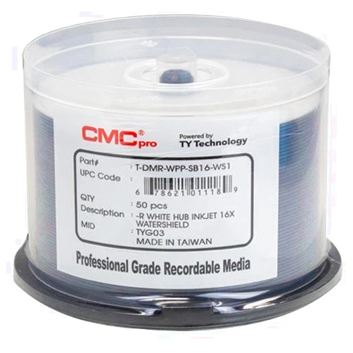 Taiyo Yuden 100 CMC Pro 16X DVD-R 4.7GB Water Shield White Inkjet Hub Printable