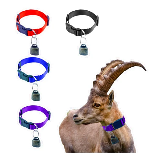 Oisinlas 4 Pack Goat Collar with Bell, Pet Grazing Copper Bells, Cow Horse Sheep Anti-Lost Bronze Bell Accessories Adjustable and Durable Nylon Sheep Collar Set for Cow Goat and Small Farm Animal Pet