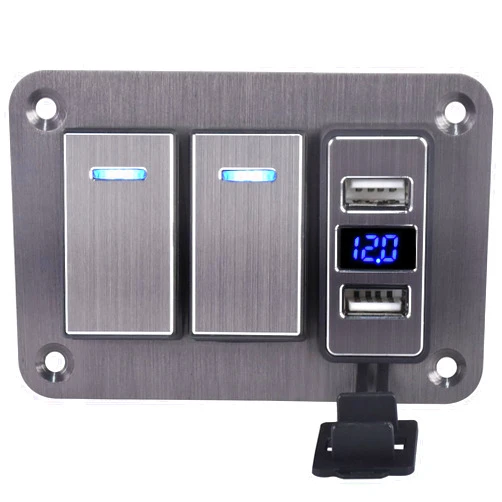 Xhtechnology Toggle Switch Panel 2 Gang Waterpro 2 Gang Waterproof Aluminum Switch 12V/24V Rocker Switch Panel with USB Charger Boat Switch Switch Panel for Farm Garden Marine Boat Automotive Car RV Truck Vehicles